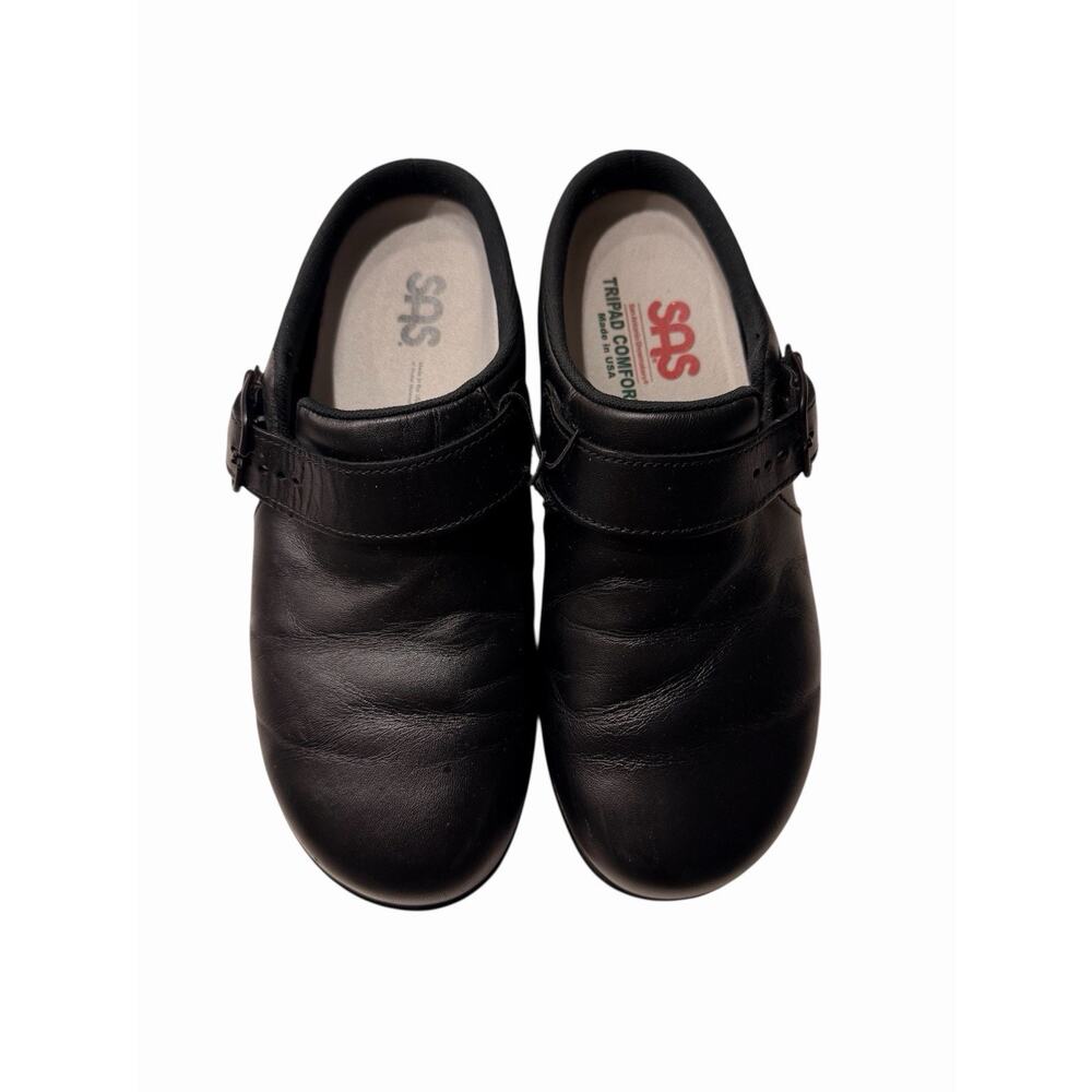 SAS Shoes Womens 7 Clogs Black Pebbled Leather Tripad Comfort Slip Resistant USA